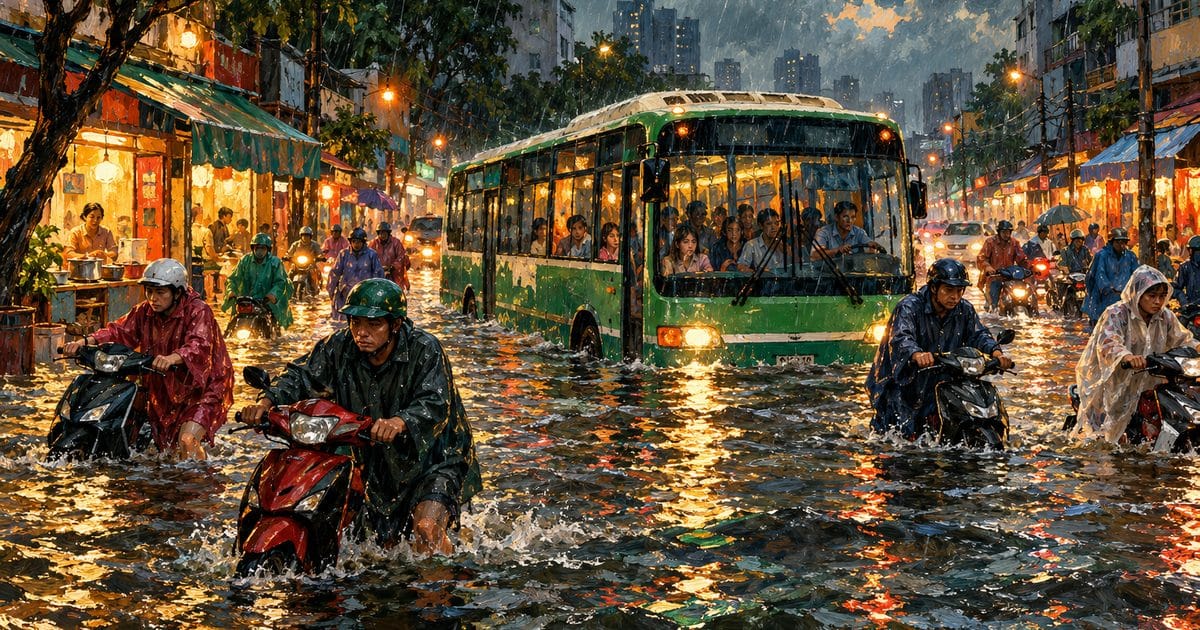 Ảnh minh họa cho bài: Đường Phan Huy Ích ngập sâu 1 mét sau mưa lớn và nghẽn dòng thoát nước