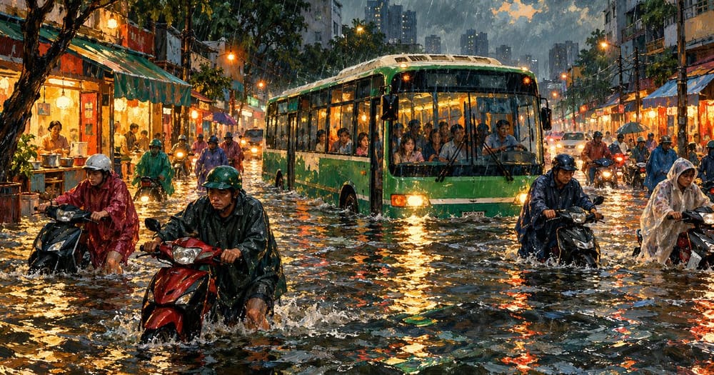 Ảnh minh họa cho bài: Đường Phan Huy Ích ngập sâu 1 mét sau mưa lớn và nghẽn dòng thoát nước